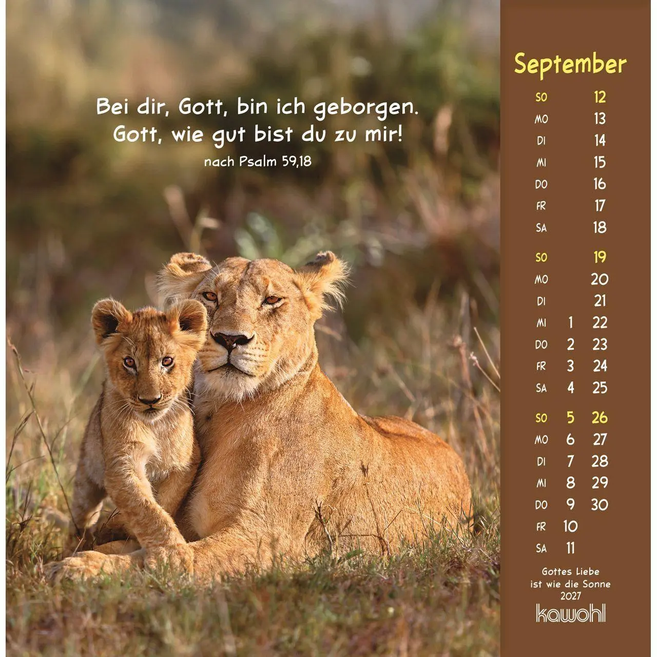 Bild: 9783754848074 | Gottes Liebe ist wie die Sonne 2027 | Tierkalender mit Bibelworten