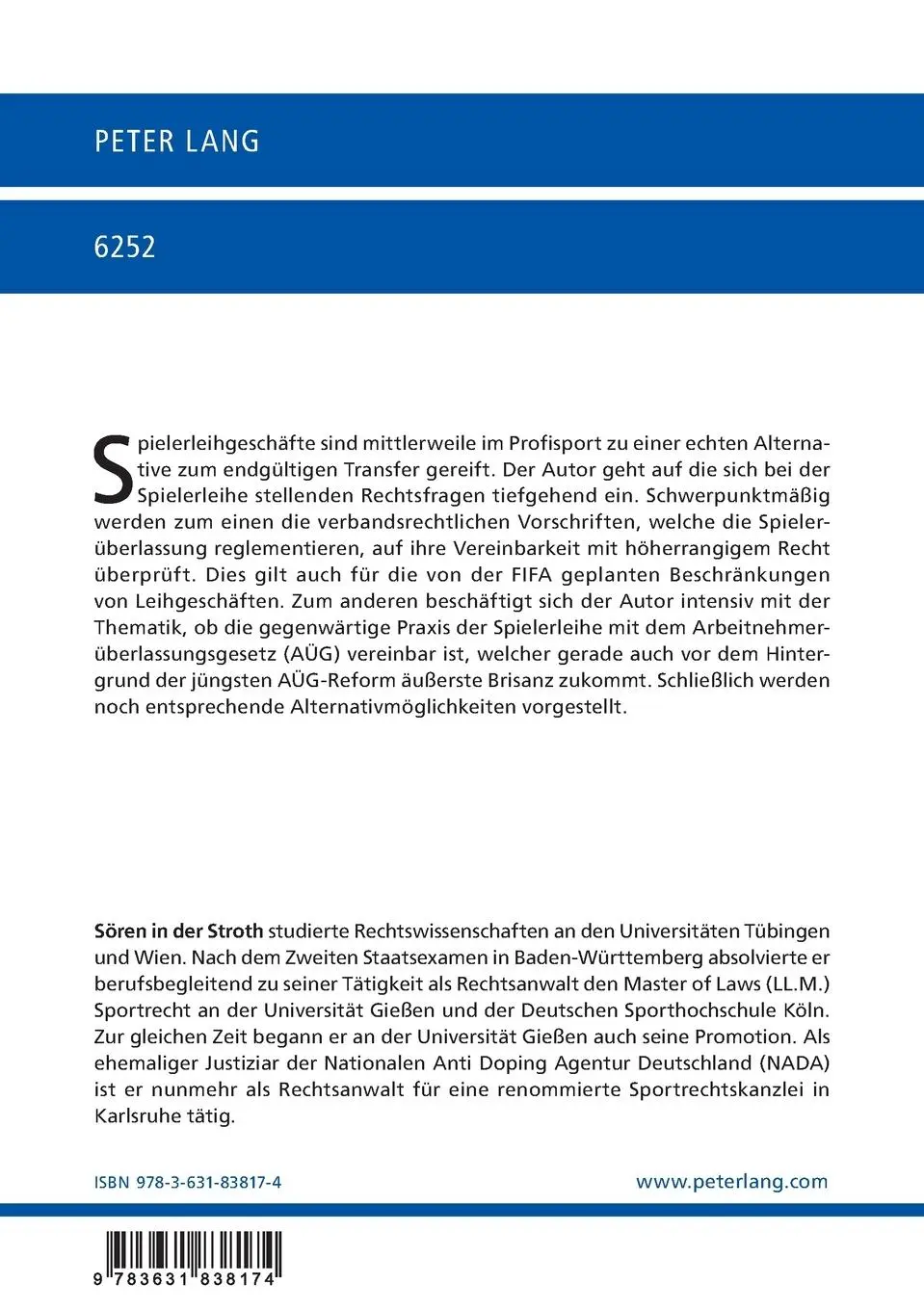 Rückseite: 9783631838174 | Die Spielerüberlassung - Rechtsfragen der gegenwärtigen Praxis der...
