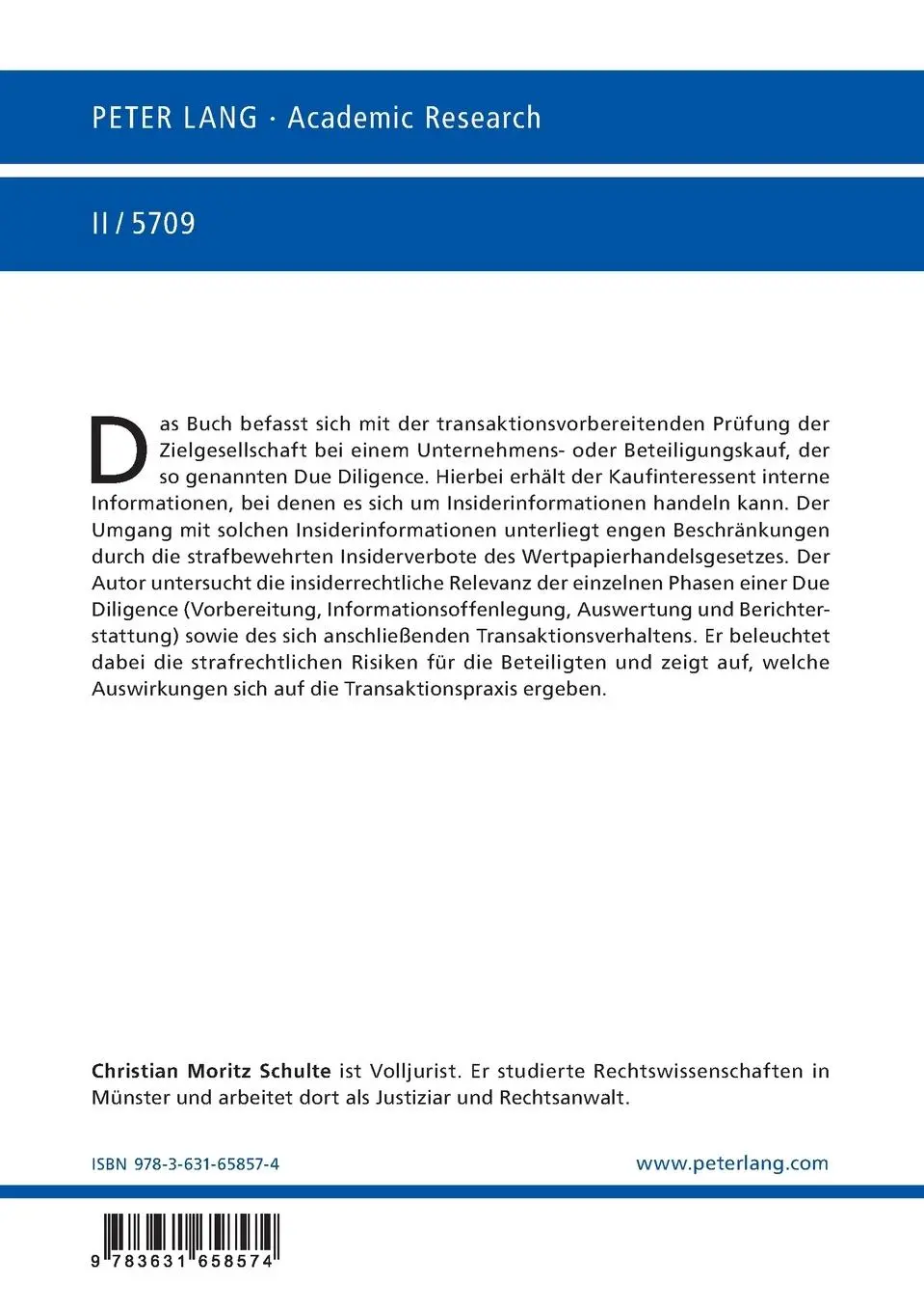 Rückseite: 9783631658574 | Insiderrechtliche Probleme bei der Due Diligence | Schulte | Buch