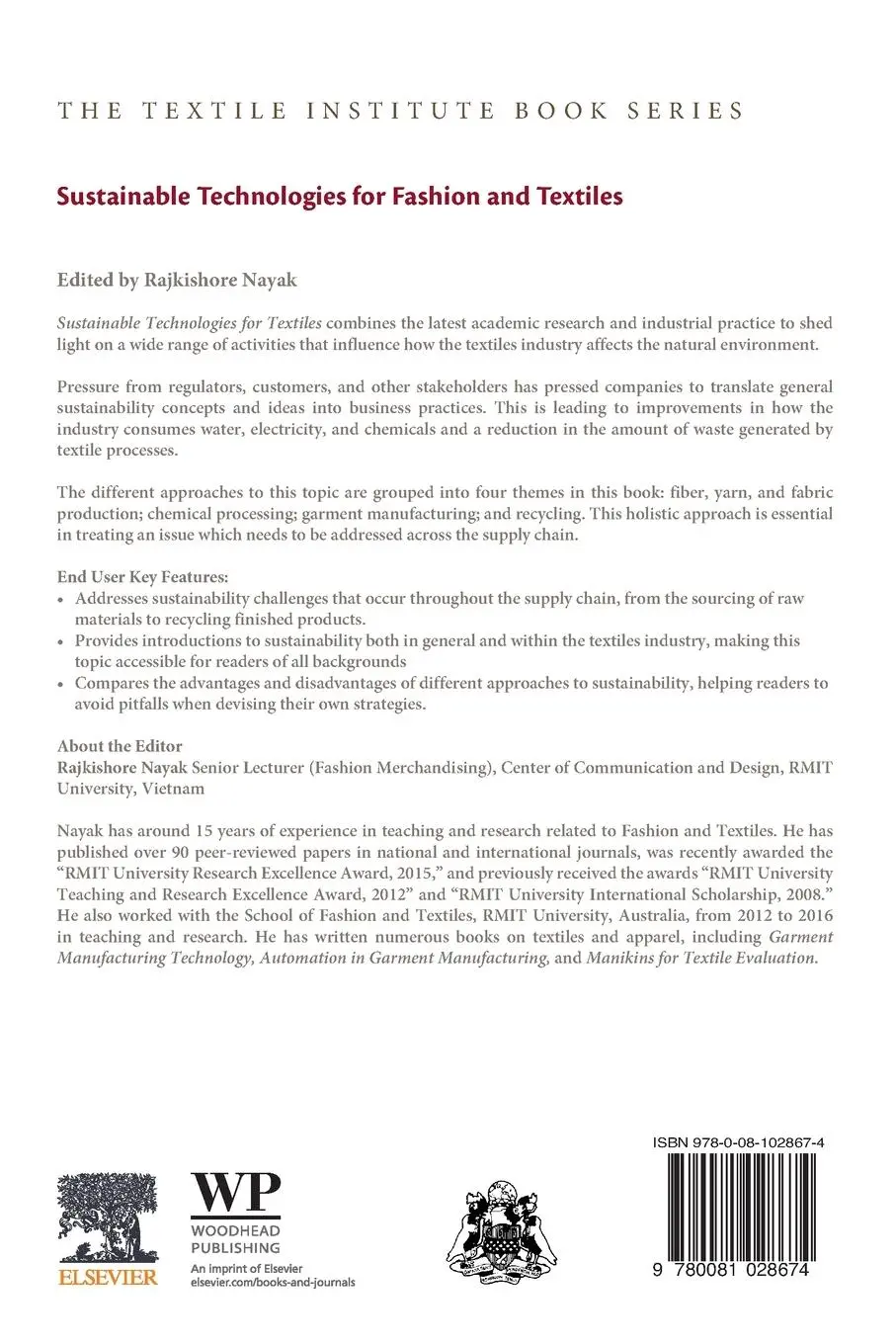 Rückseite: 9780081028674 | Sustainable Technologies for Fashion and Textiles | Rajkishore Nayak