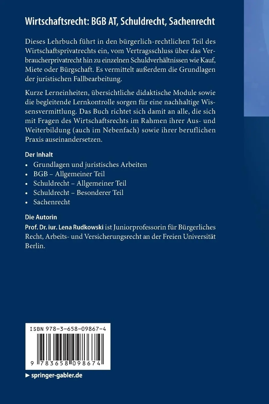 Rückseite: 9783658098674 | Wirtschaftsrecht: BGB AT, Schuldrecht, Sachenrecht | Lena Rudkowski