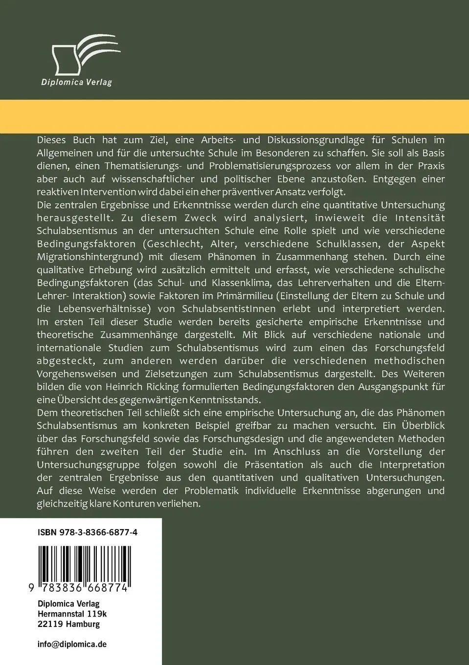 Rückseite: 9783836668774 | Schulabsentismus - Anlässe, Bedingungen, Hintergründe | Tobias Maucher