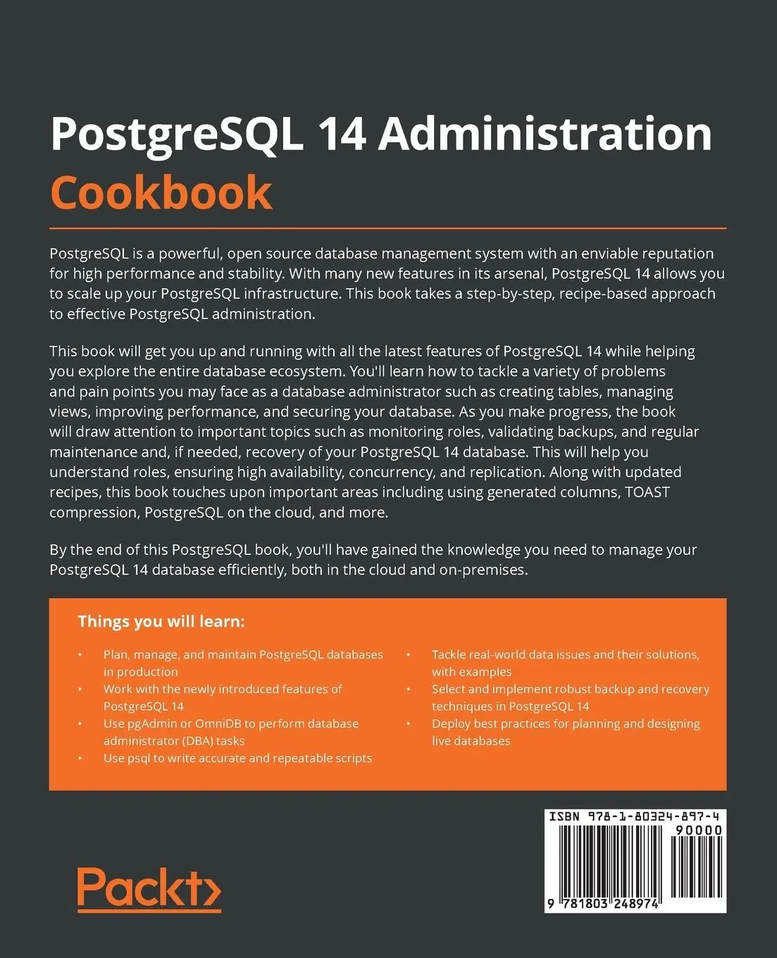 Rückseite: 9781803248974 | PostgreSQL 14 Administration Cookbook | Simon Riggs (u. a.) | Buch