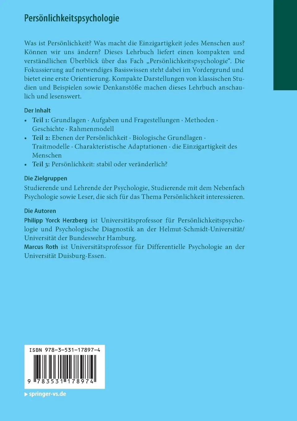 Rückseite: 9783531178974 | Persönlichkeitspsychologie | Marcus Roth (u. a.) | Taschenbuch | xi