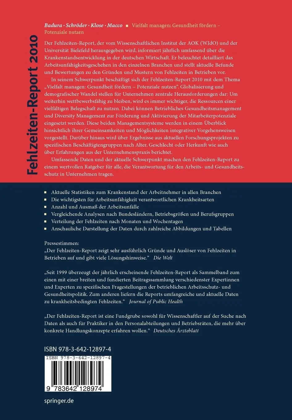Rückseite: 9783642128974 | Fehlzeiten-Report 2010 | Bernhard Badura (u. a.) | Taschenbuch | xiv