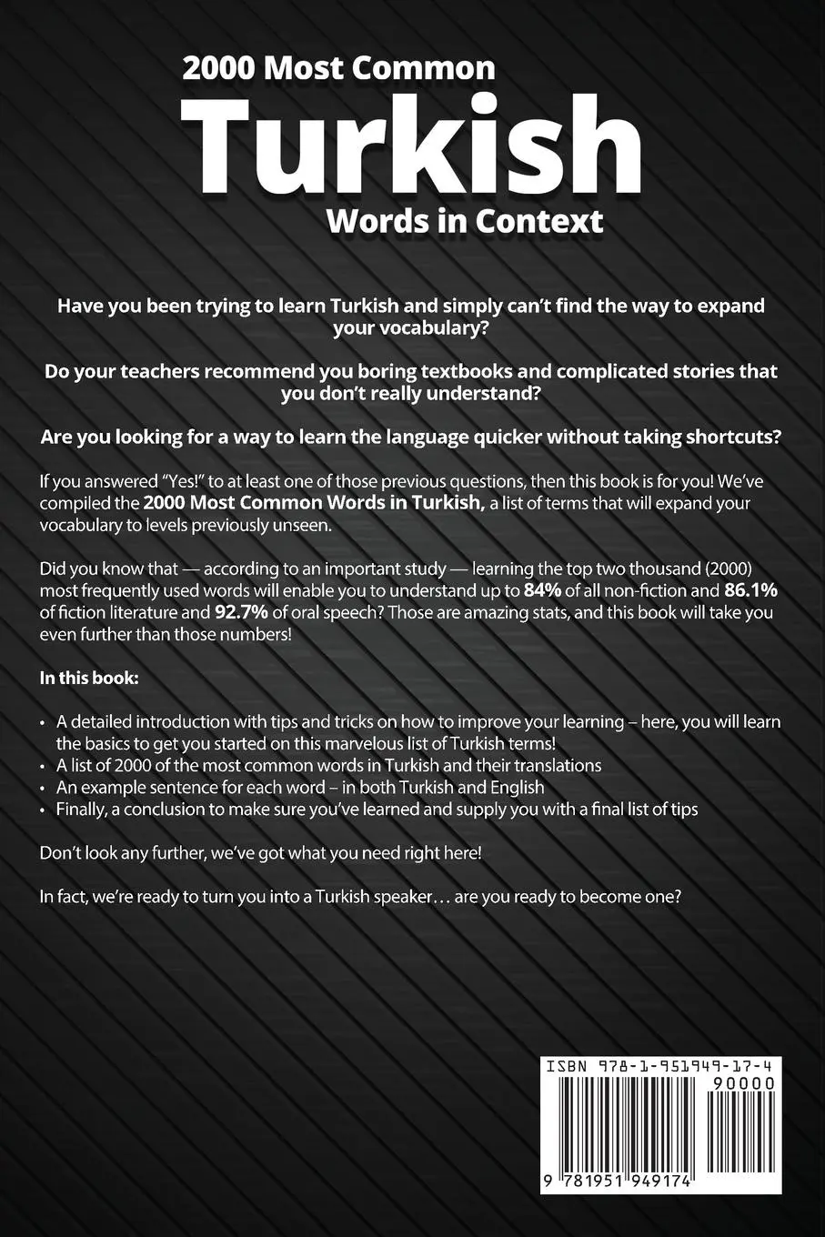 Rückseite: 9781951949174 | 2000 Most Common Turkish Words in Context | Lingo Mastery | Buch