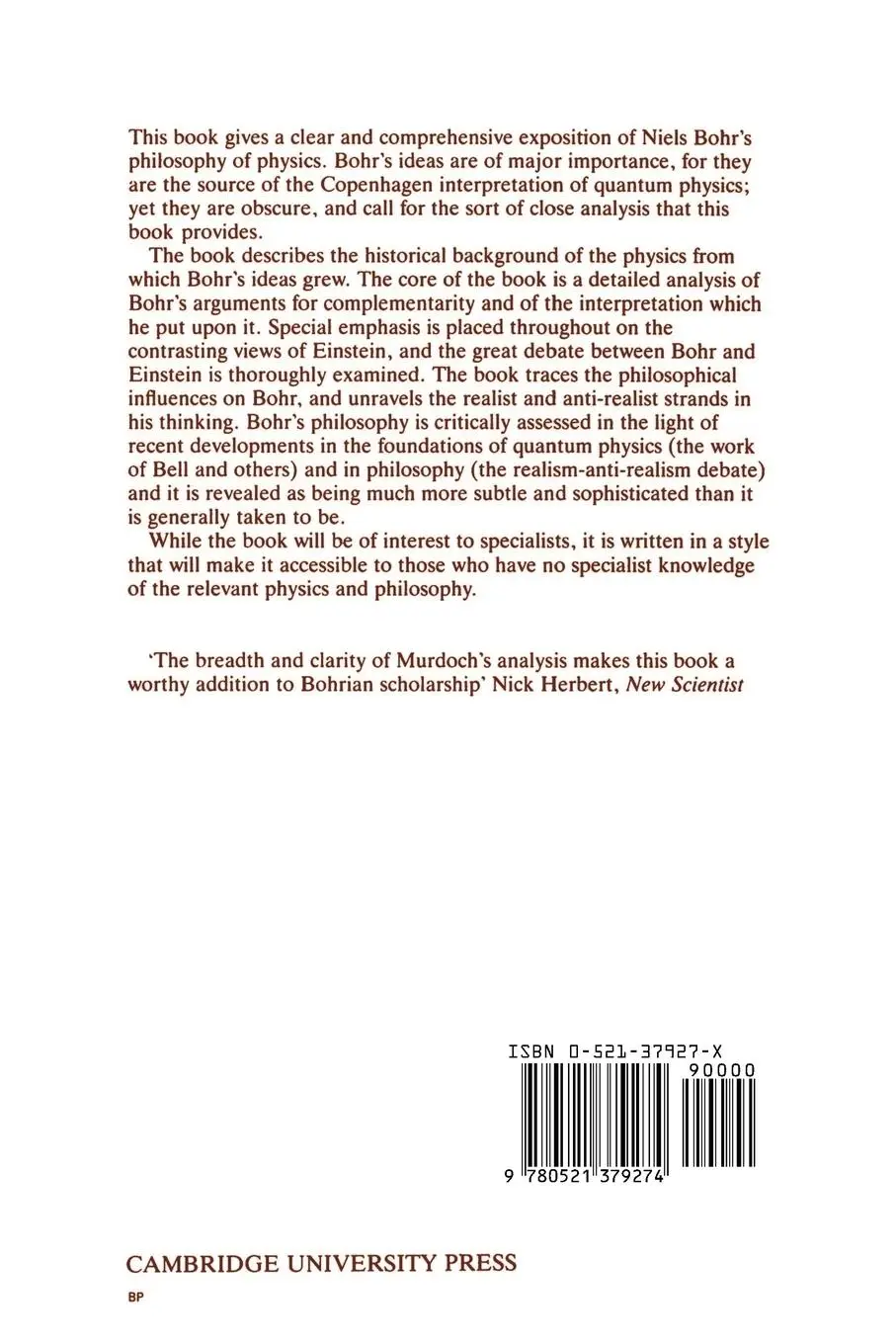 Rückseite: 9780521379274 | Niels Bohr's Philosophy of Physics | Dugald Murdoch | Taschenbuch