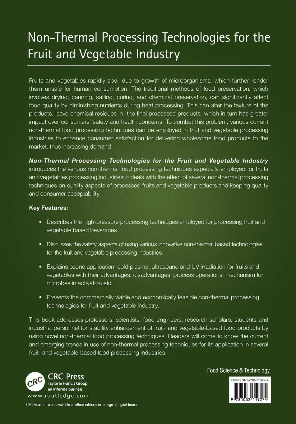 Rückseite: 9781032119274 | Non-Thermal Processing Technologies for the Fruit and Vegetable...