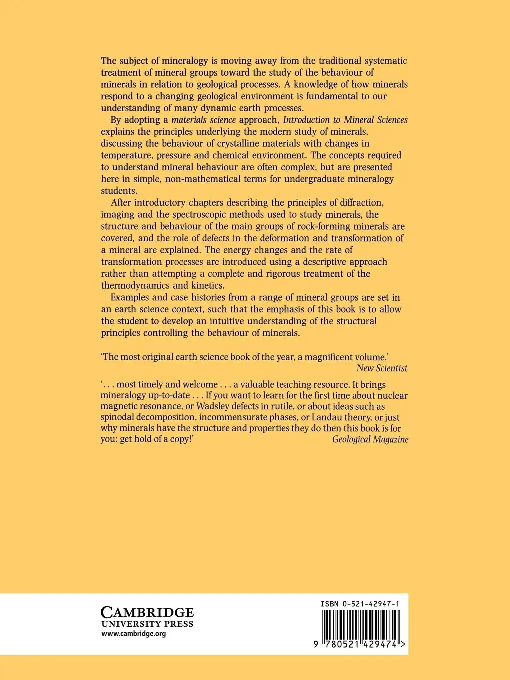 Rückseite: 9780521429474 | An Introduction to Mineral Sciences | Andrew Putnis (u. a.) | Buch