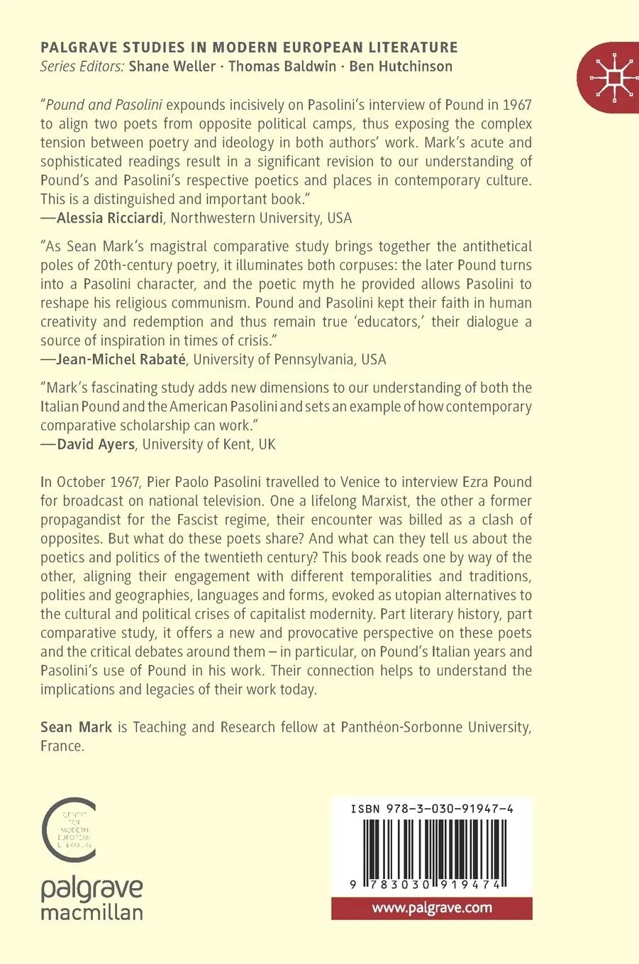 Rückseite: 9783030919474 | Pound and Pasolini | Poetics of Crisis | Sean Mark | Buch | lv | 2022