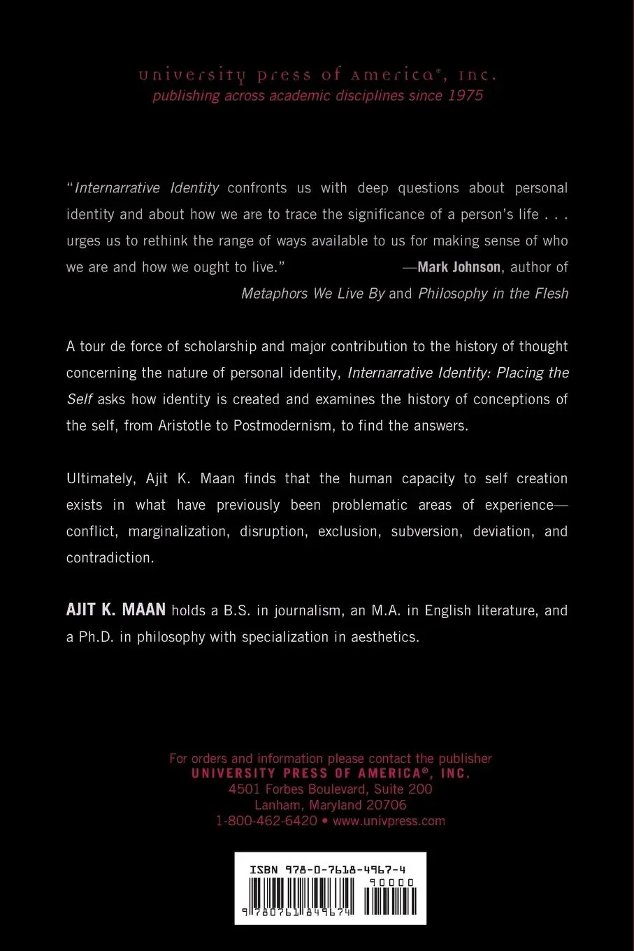 Rückseite: 9780761849674 | Internarrative Identity | Placing the Self | Ajit K. Maan | Buch