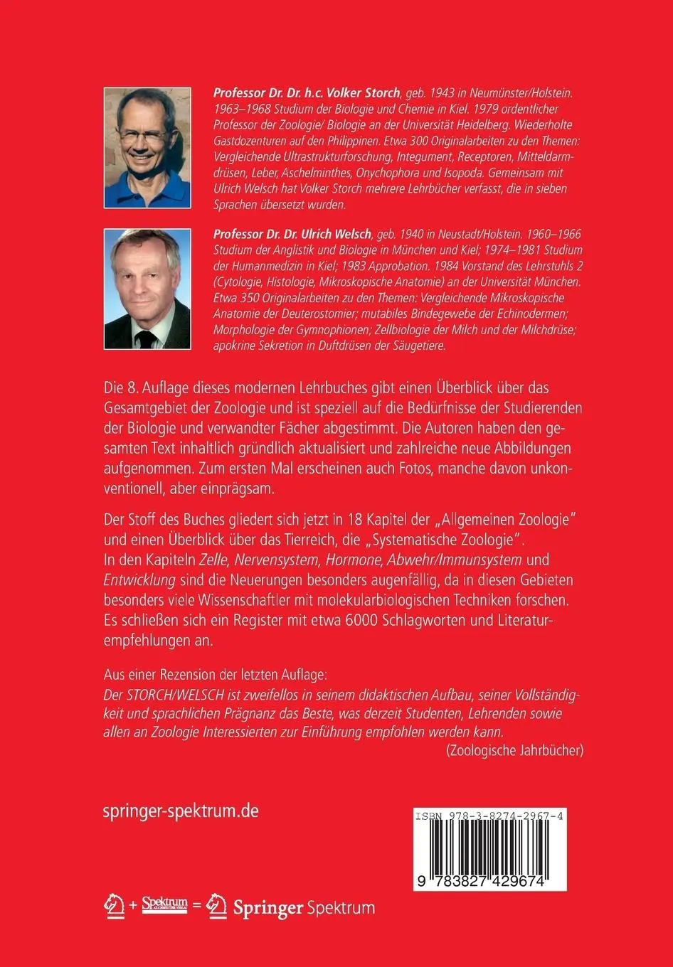 Rückseite: 9783827429674 | Kurzes Lehrbuch der Zoologie | Ulrich Welsch (u. a.) | Taschenbuch