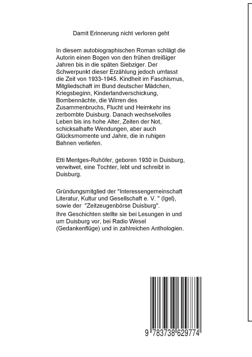 Rückseite: 9783738629774 | Damit Erinnerung nicht verloren geht | Etti Ruhöfer | Taschenbuch