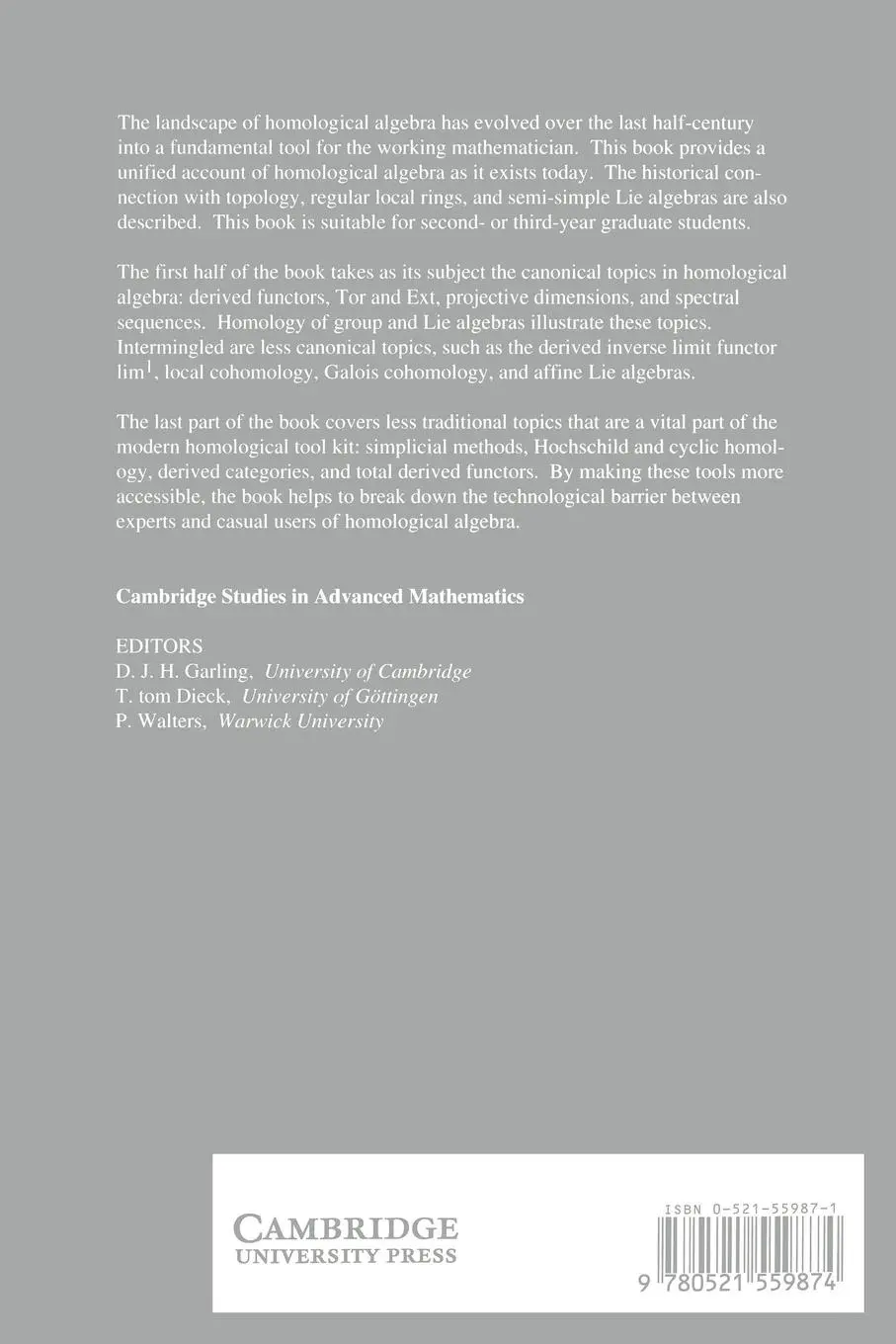 Rückseite: 9780521559874 | An Introduction to Homological Algebra | Charles A. Weibel (u. a.)