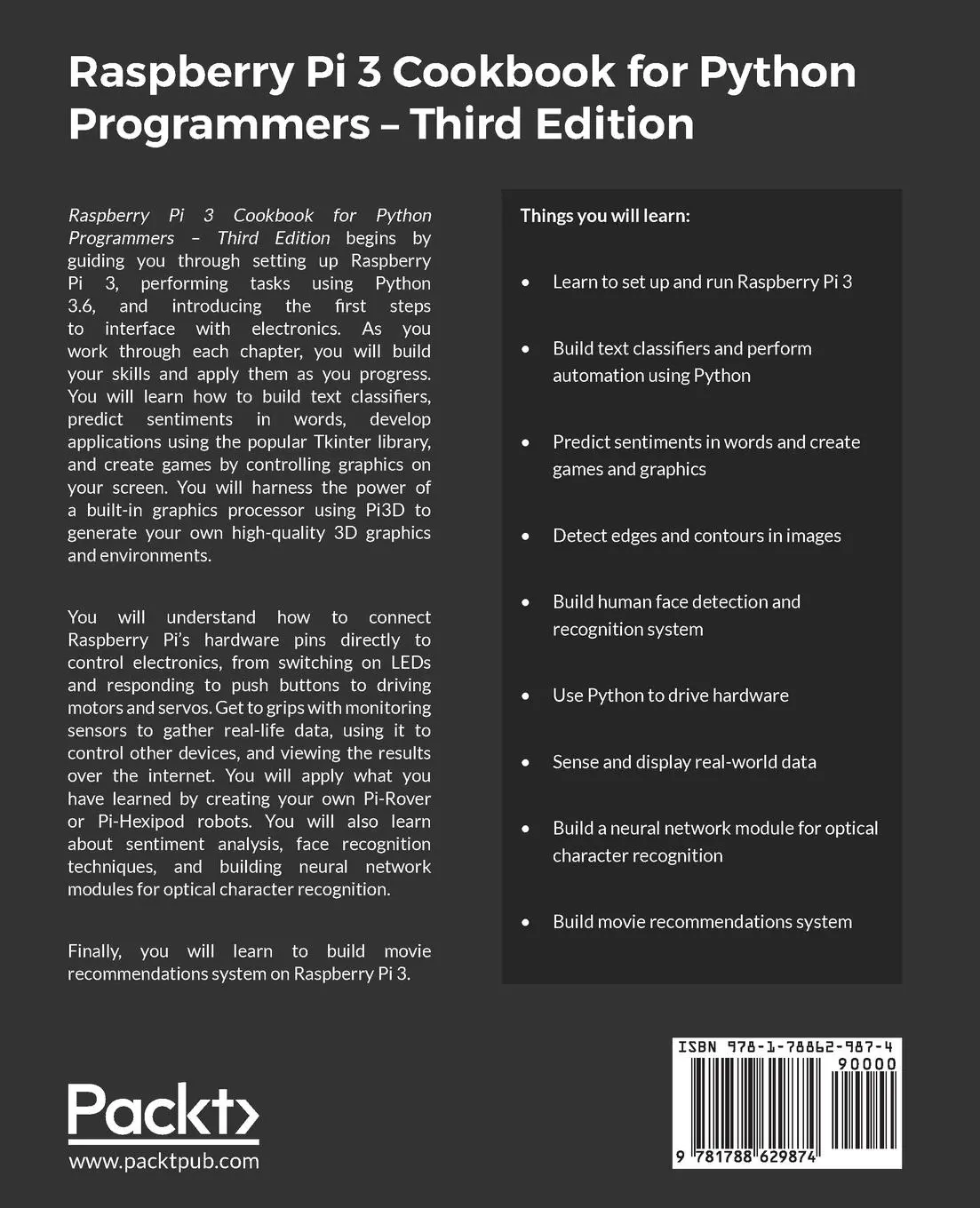 Rückseite: 9781788629874 | Raspberry Pi 3 Cookbook for Python Programmers - Third Edition | Buch