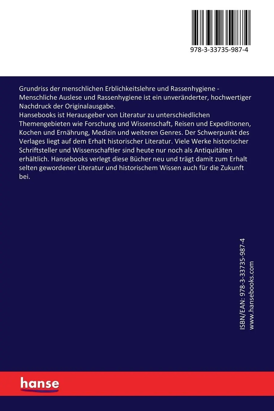 Rückseite: 9783337359874 | Grundriss der menschlichen Erblichkeitslehre und Rassenhygiene | Lenz
