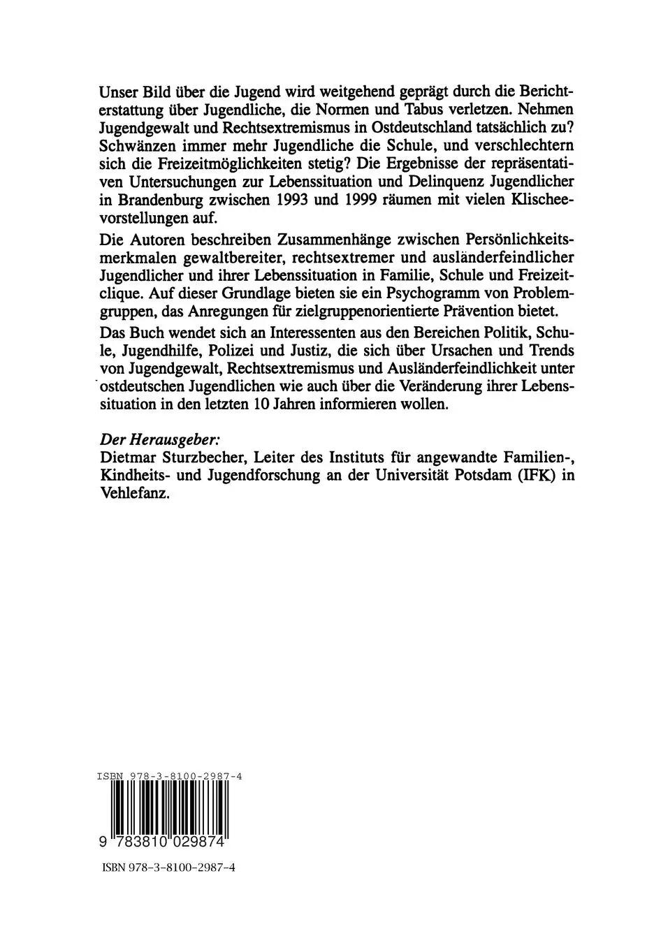 Rückseite: 9783810029874 | Jugend in Ostdeutschland: Lebenssituationen und Delinquenz | Buch