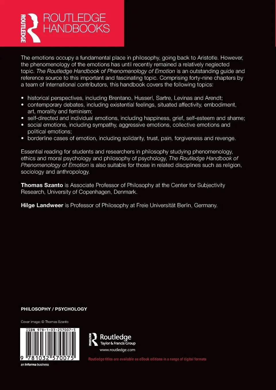 Rückseite: 9781032570075 | The Routledge Handbook of Phenomenology of Emotion | Szanto (u. a.)