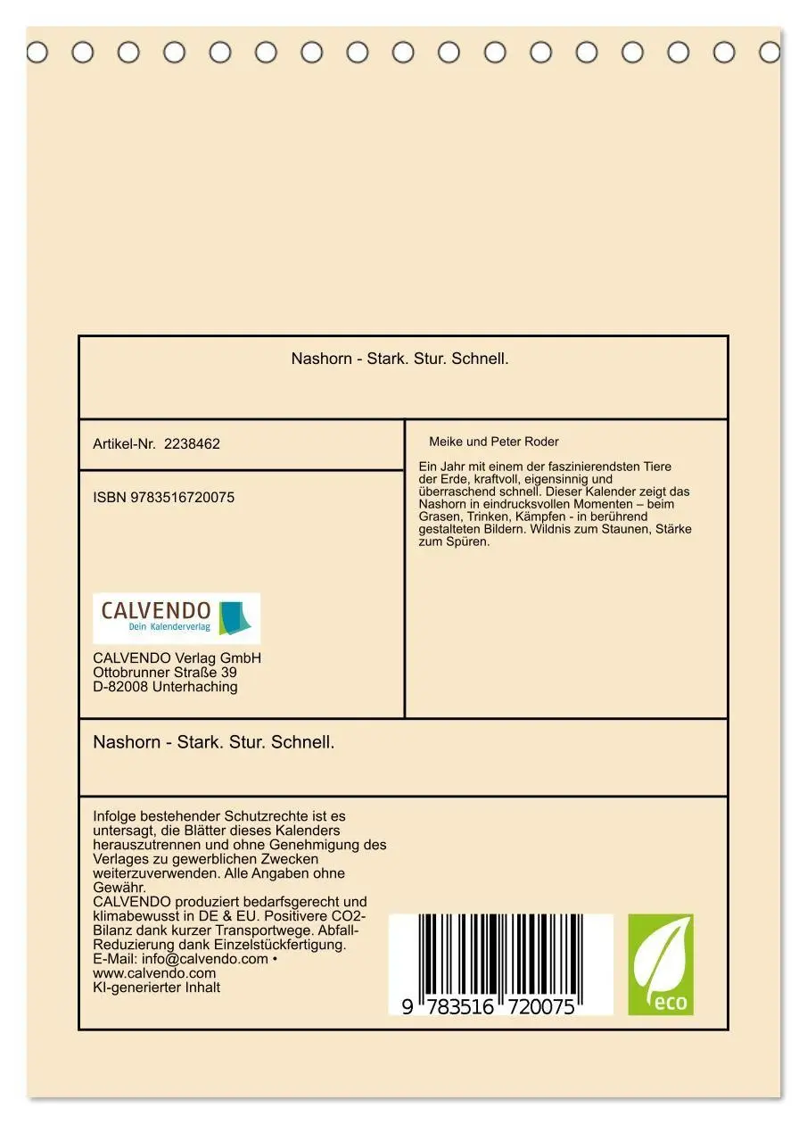 Bild: 9783516720075 | Nashorn - Stark. Stur. Schnell. (Tischkalender 2026 DIN A5 hoch),...