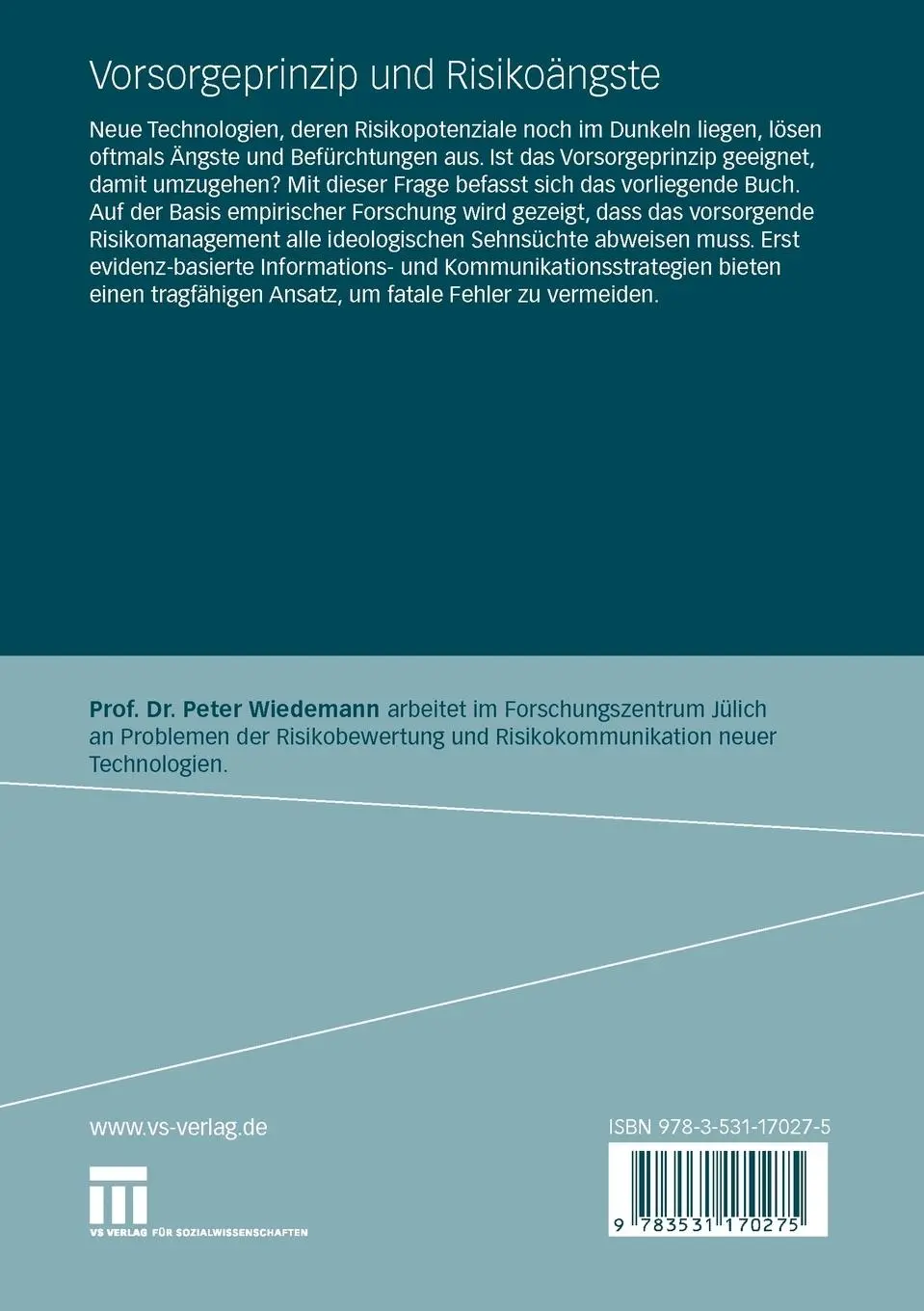 Rückseite: 9783531170275 | Vorsorgeprinzip und Risikoängste | Peter Wiedemann | Taschenbuch
