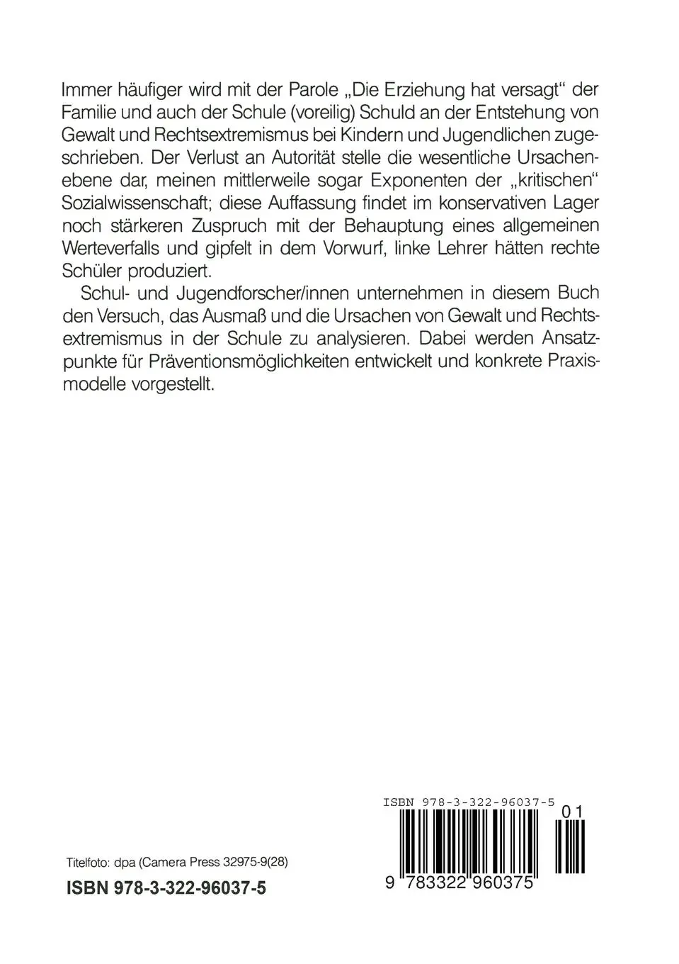 Rückseite: 9783322960375 | Schule, Gewalt und Rechtsextremismus | Analyse und Prävention | Buch