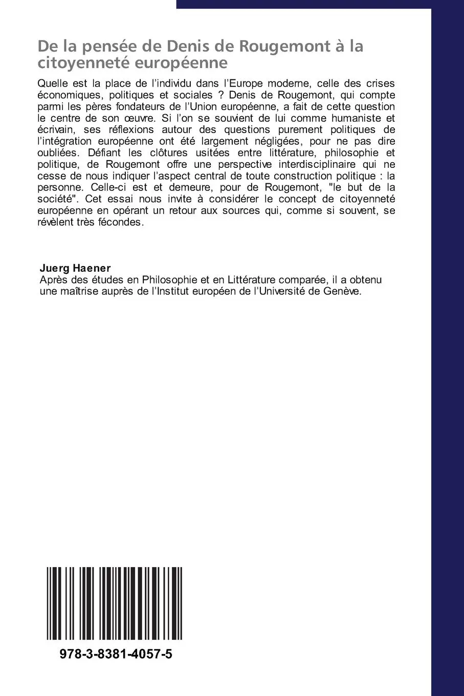 Rückseite: 9783838140575 | De la pensée de Denis de Rougemont à la citoyenneté européenne | Buch
