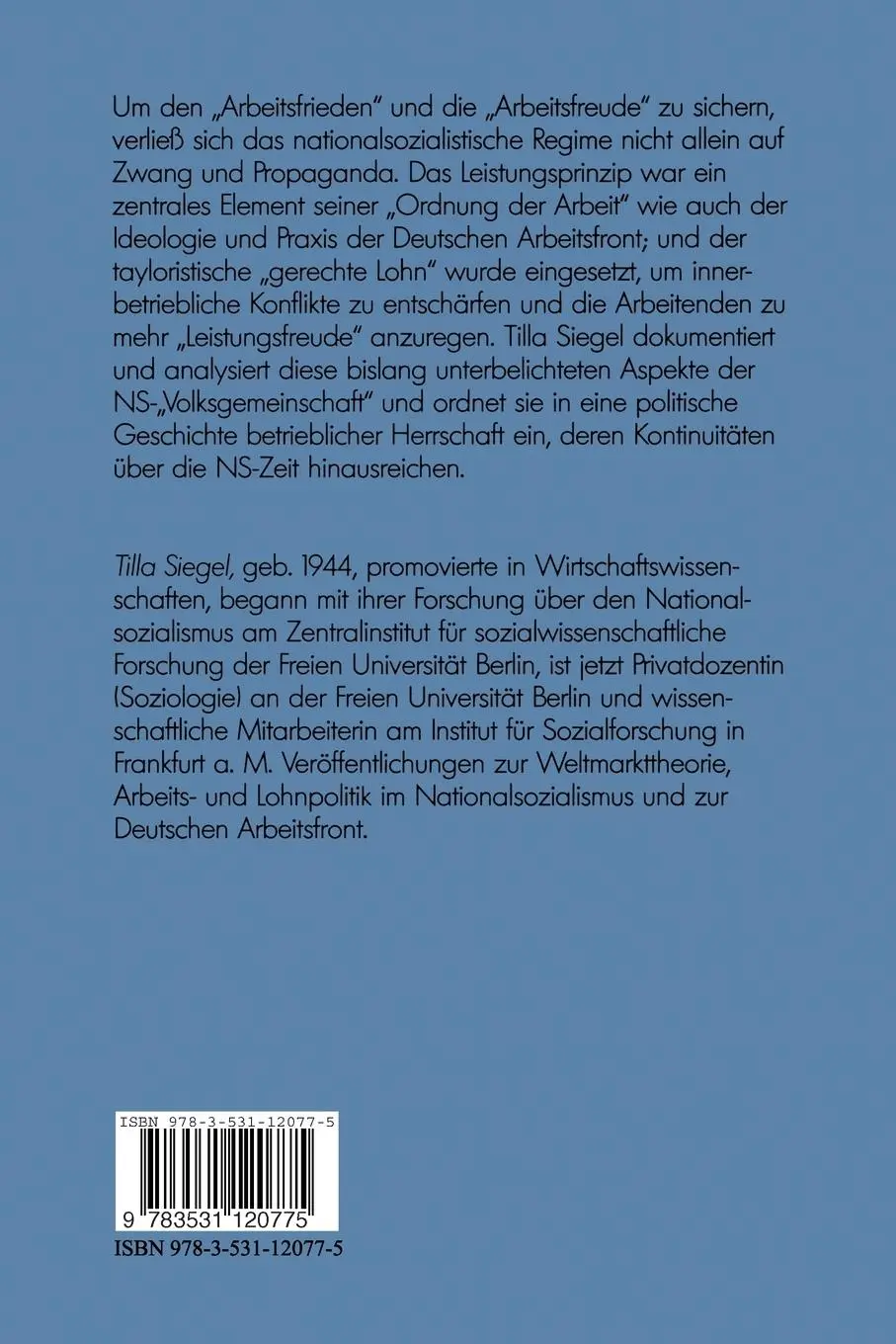 Rückseite: 9783531120775 | Leistung und Lohn in der nationalsozialistischen "Ordnung der Arbeit"