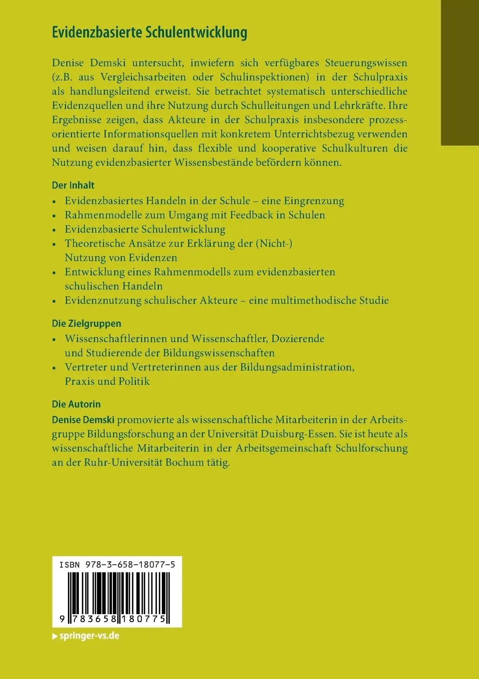 Rückseite: 9783658180775 | Evidenzbasierte Schulentwicklung | Denise Demski | Taschenbuch | xv