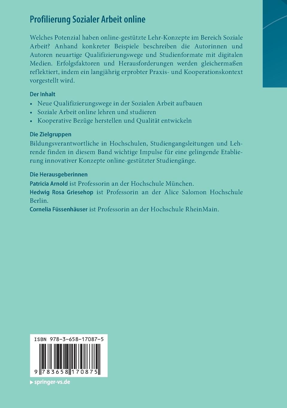 Rückseite: 9783658170875 | Profilierung Sozialer Arbeit online | Patricia Arnold (u. a.) | Buch