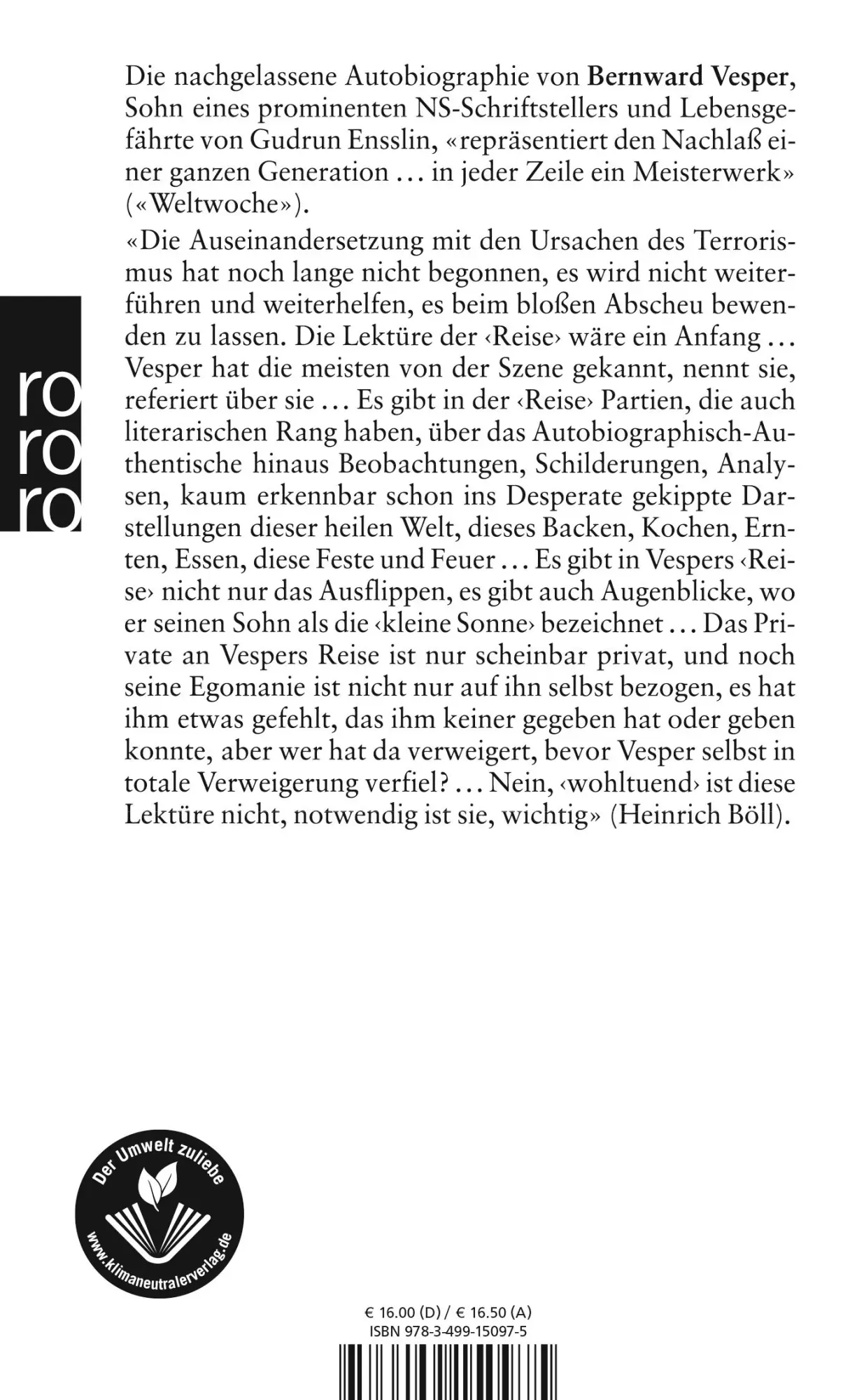 Rückseite: 9783499150975 | Die Reise | Bernward Vesper | Taschenbuch | 720 S. | Deutsch | 1983