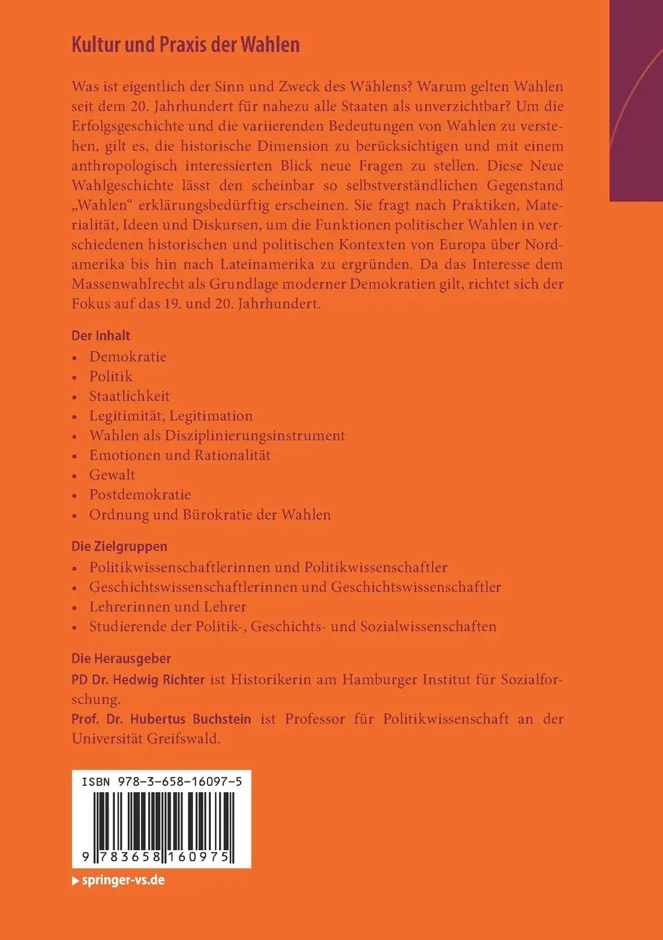 Rückseite: 9783658160975 | Kultur und Praxis der Wahlen | Eine Geschichte der modernen Demokratie