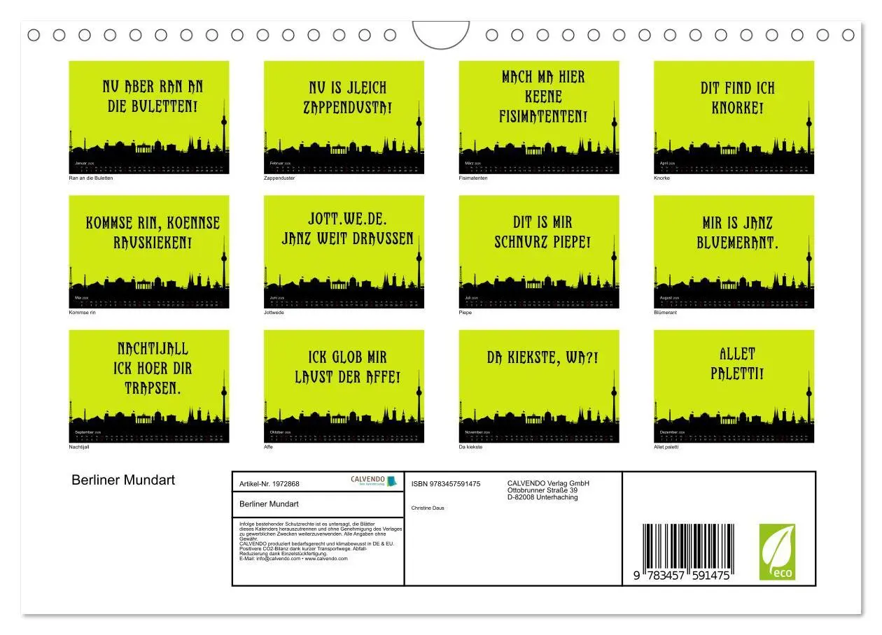 Bild: 9783457591475 | Berliner Mundart (Wandkalender 2026 DIN A4 quer), CALVENDO...