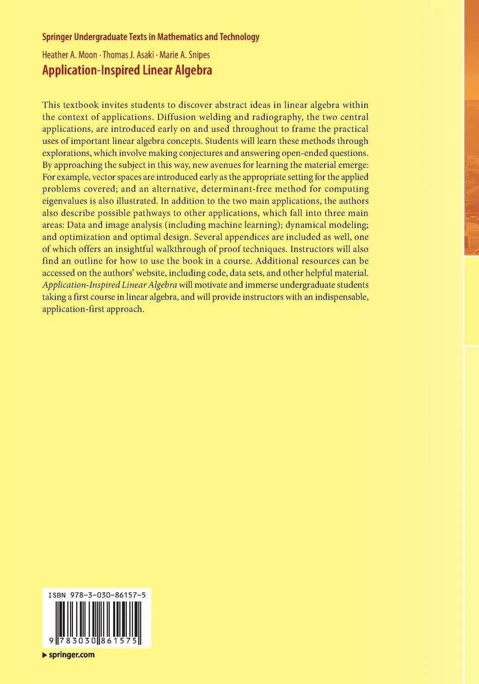 Rückseite: 9783030861575 | Application-Inspired Linear Algebra | Heather A. Moon (u. a.) | Buch
