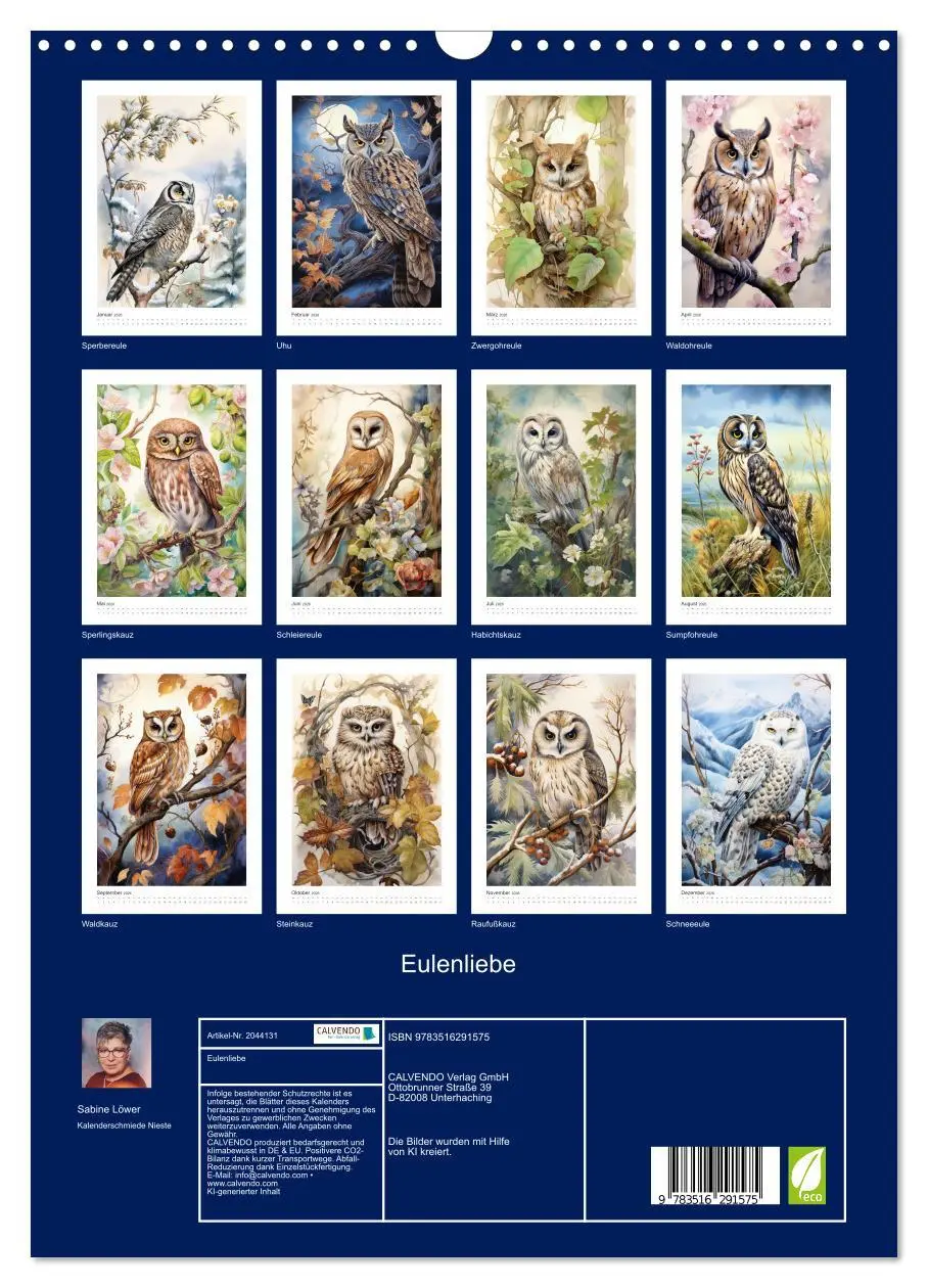 Bild: 9783516291575 | Eulenliebe (Wandkalender 2026 DIN A3 hoch), CALVENDO Monatskalender