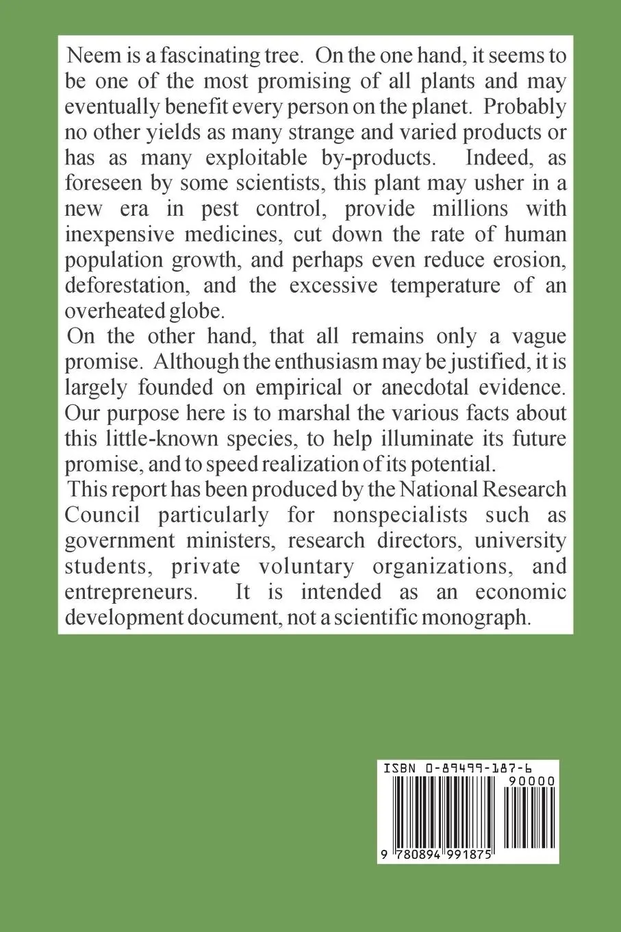 Rückseite: 9780894991875 | Neem | A Tree for Solving Global Problems | National Research Council