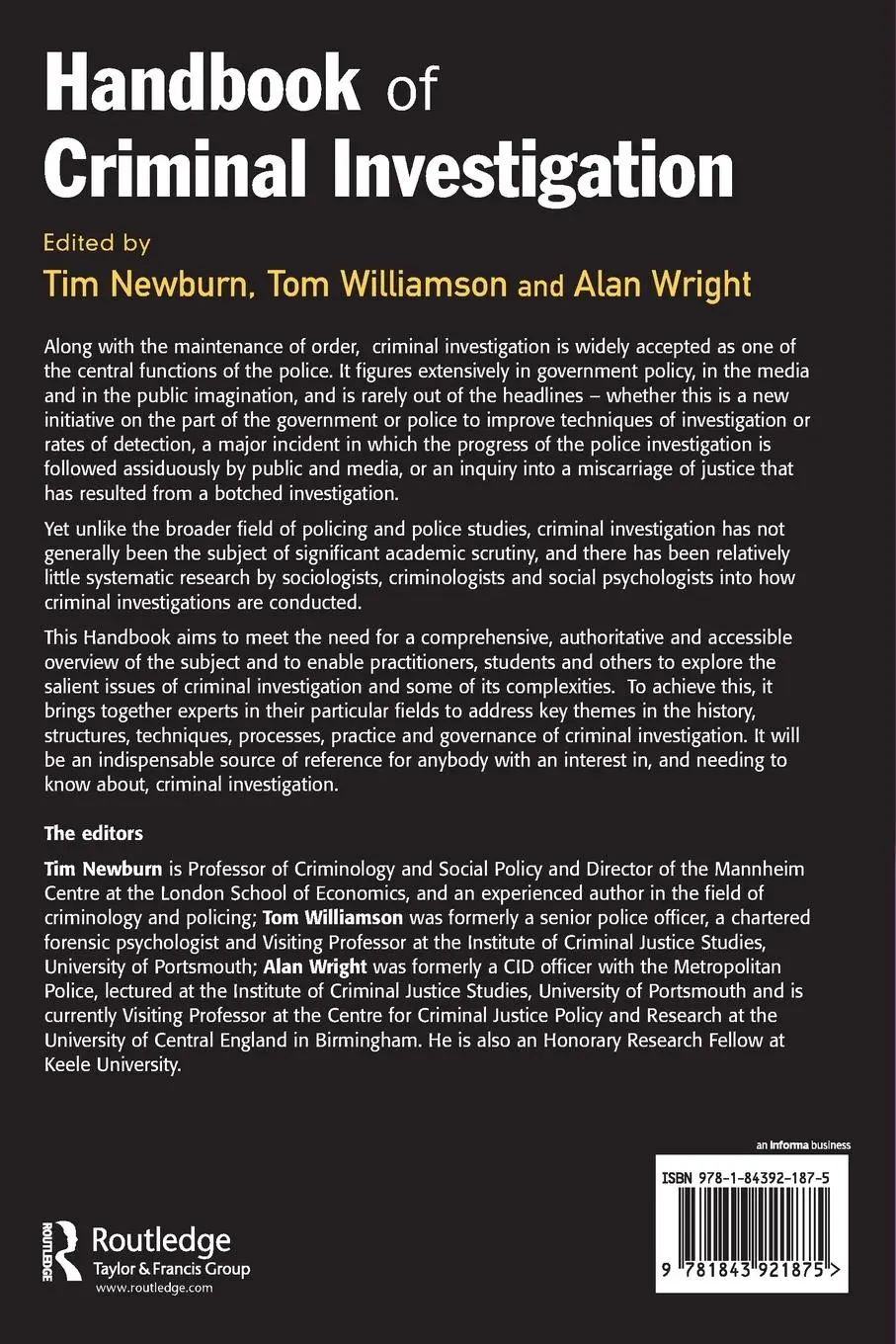 Rückseite: 9781843921875 | Handbook of Criminal Investigation | Tim Newburn (u. a.) | Taschenbuch