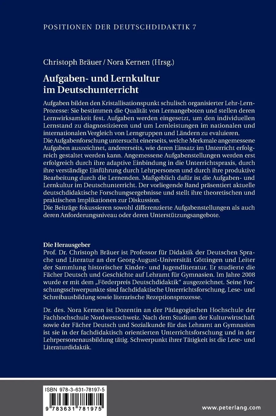 Rückseite: 9783631781975 | Aufgaben- und Lernkultur im Deutschunterricht | Bräuer (u. a.) | Buch