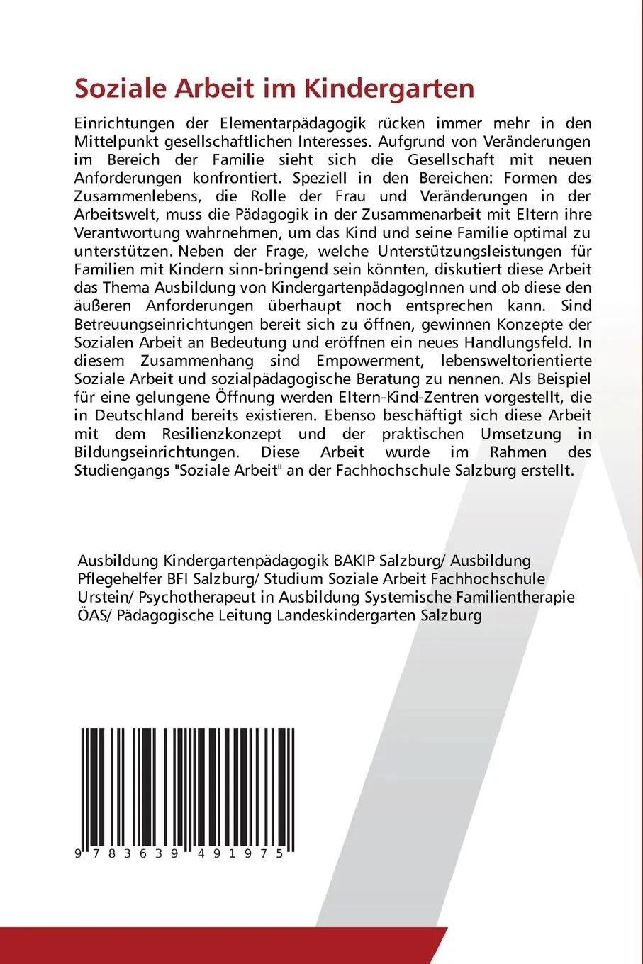 Rückseite: 9783639491975 | Soziale Arbeit im Kindergarten | Sebastian Wirnsberger | Taschenbuch