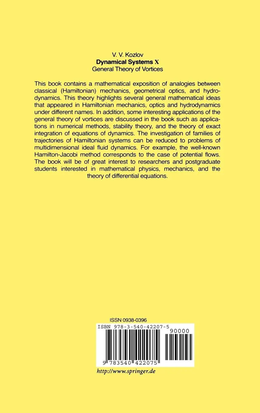 Rückseite: 9783540422075 | Dynamical Systems X | General Theory of Vortices | Victor V. Kozlov