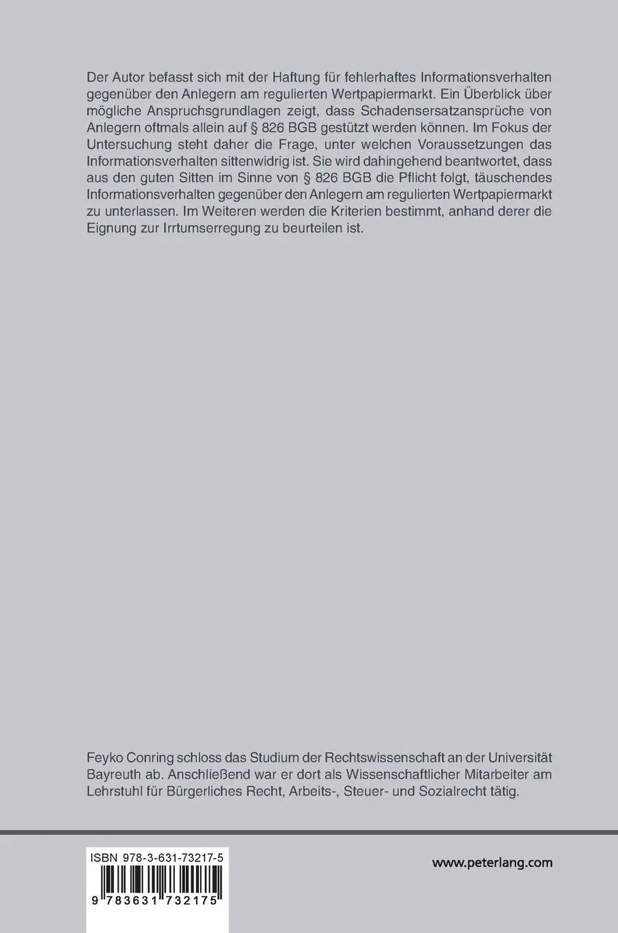 Rückseite: 9783631732175 | Sittenwidriges Informationsverhalten | Feyko Conring | Buch | Gebunden