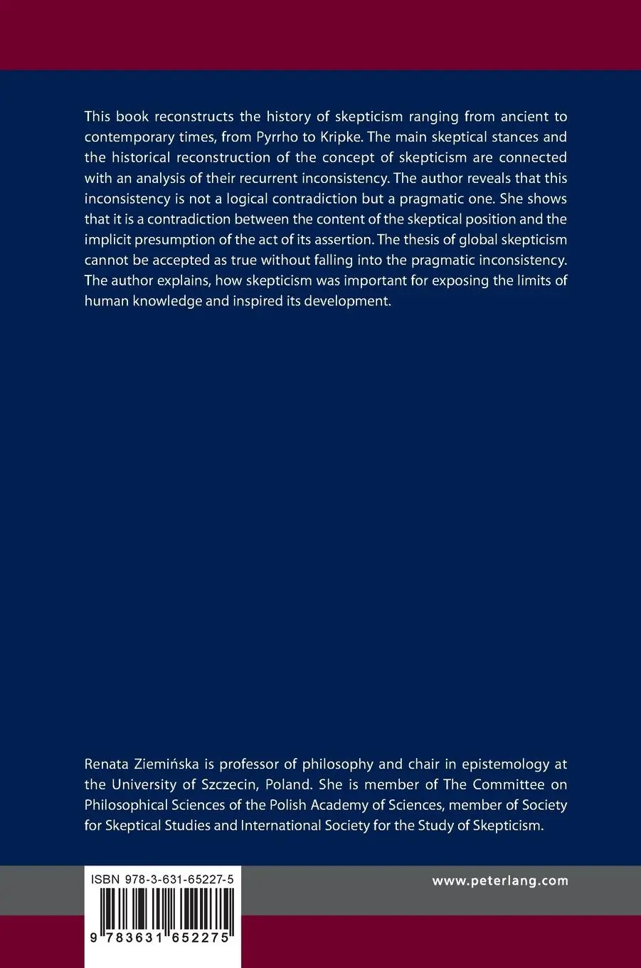 Rückseite: 9783631652275 | The History of Skepticism | In Search of Consistency | Ziemi¿ska
