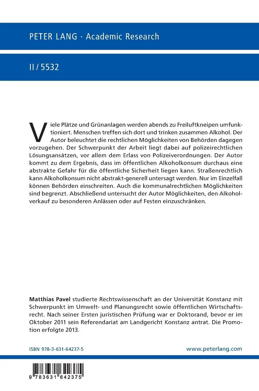 Rückseite: 9783631642375 | Behördliches Vorgehen gegen Alkoholkonsum in der Öffentlichkeit | Buch