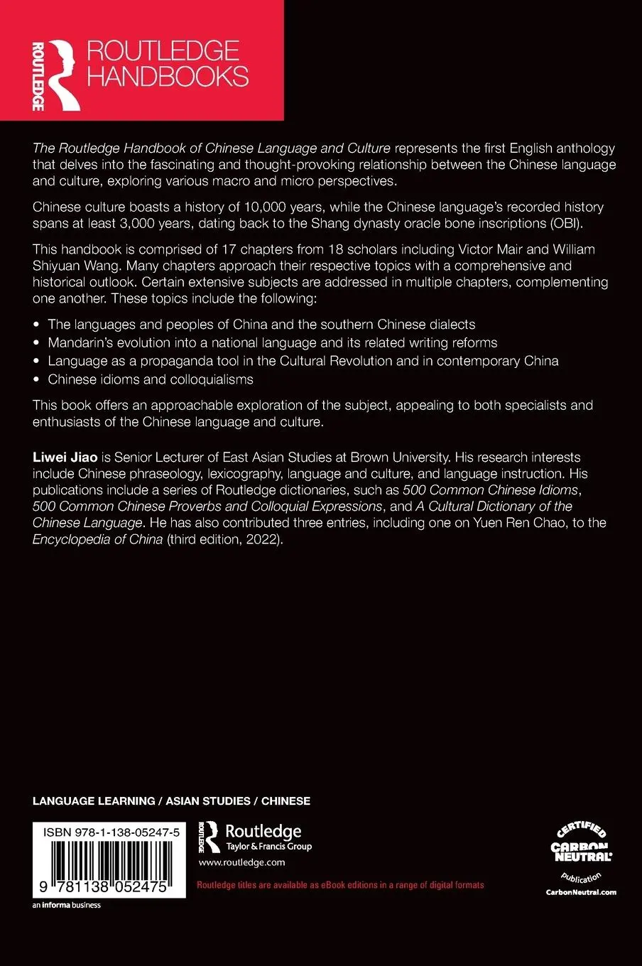 Rückseite: 9781138052475 | The Routledge Handbook of Chinese Language and Culture | Liwei Jiao