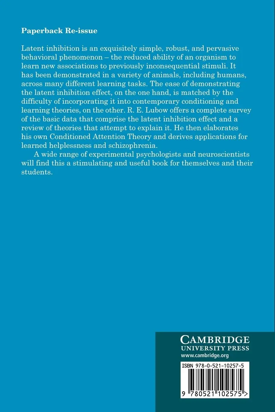 Rückseite: 9780521102575 | Latent Inhibition and Conditioned Attention Theory | R. E. Lubow