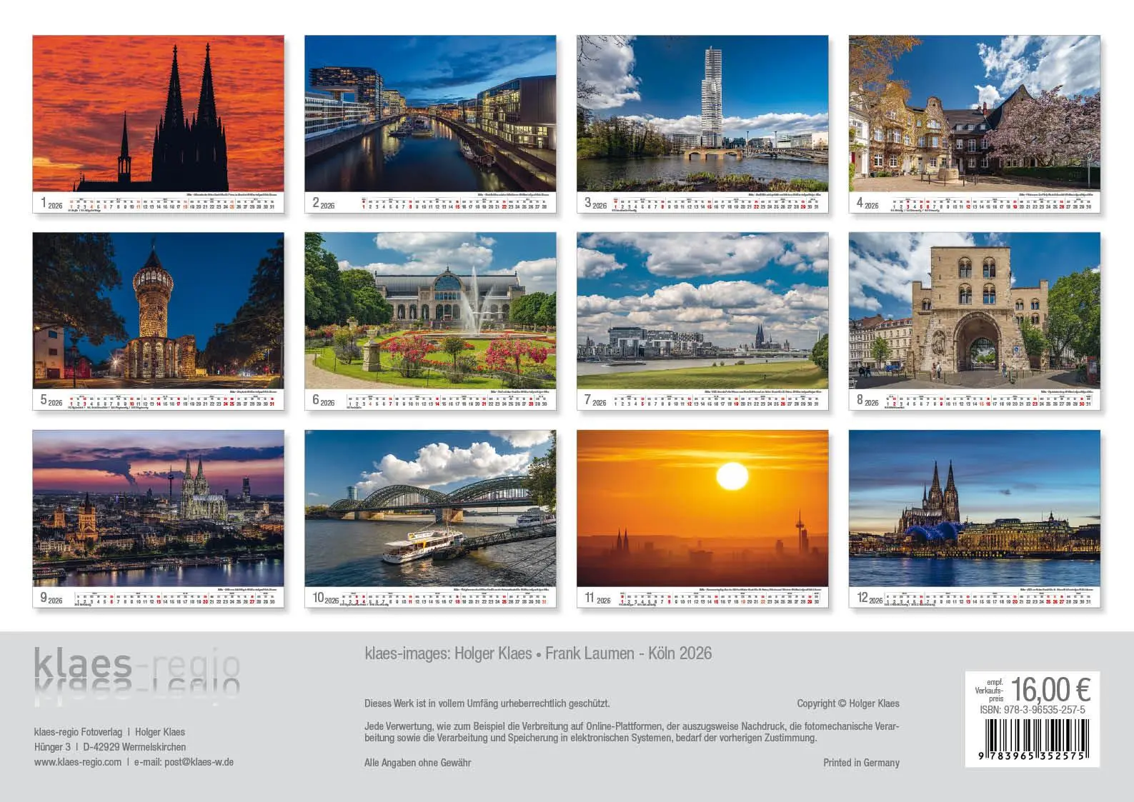 Bild: 9783965352575 | Köln 2026 Bildkalender A3 quer, spiralgebunden | Holger Klaes | 2026