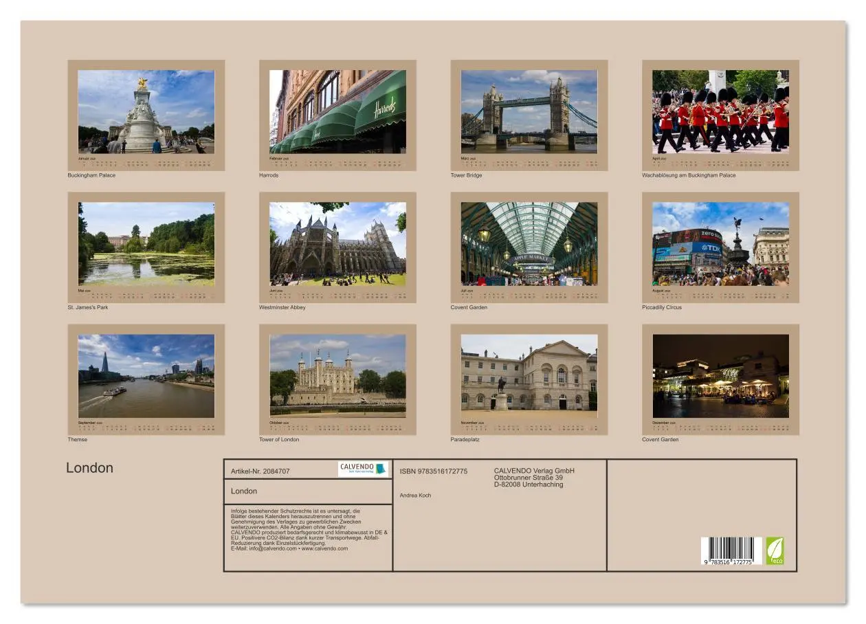 Bild: 9783516172775 | London (Wandkalender 2026 DIN A2 quer), CALVENDO Monatskalender | Koch