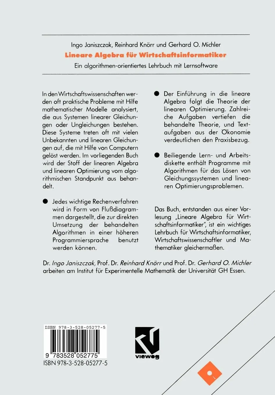 Rückseite: 9783528052775 | Lineare Algebra für Wirtschaftsinformatiker | Ingo Janiszczak (u. a.)