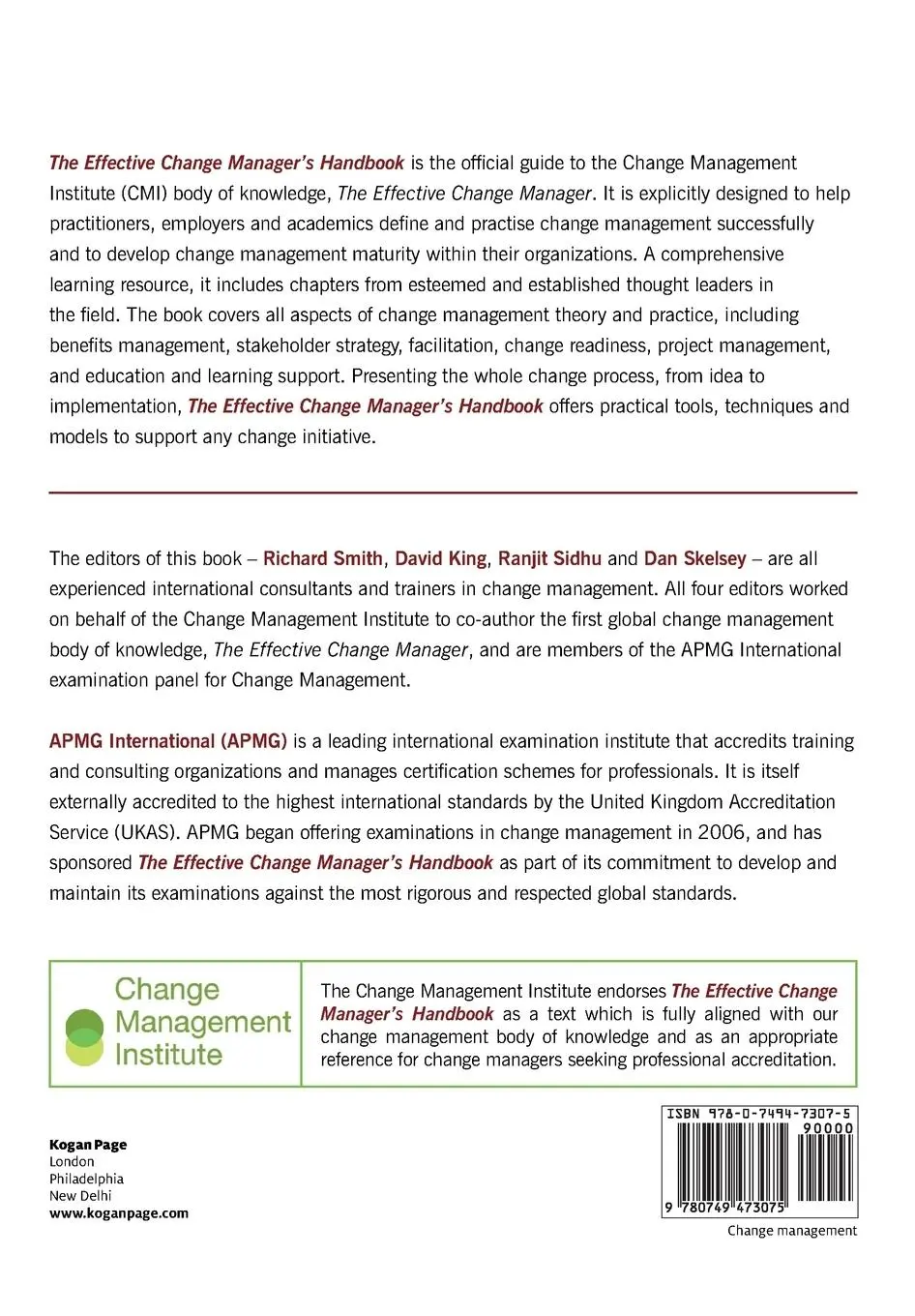 Rückseite: 9780749473075 | The Effective Change Manager's Handbook | Richard Smith (u. a.) | Buch