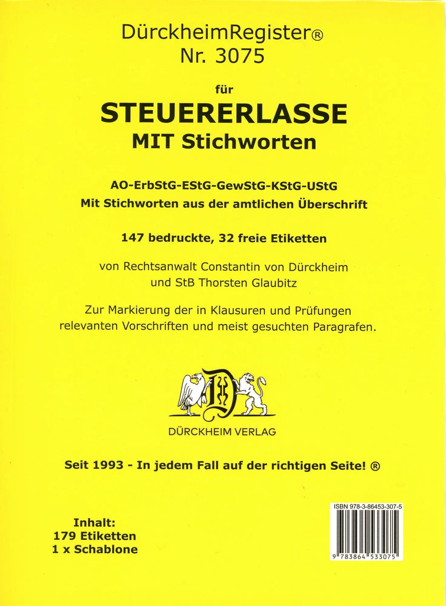 Cover: 9783864533075 | DürckheimRegister® STEUERERLASSE MIT Stichworten (2023) | Loseblatt