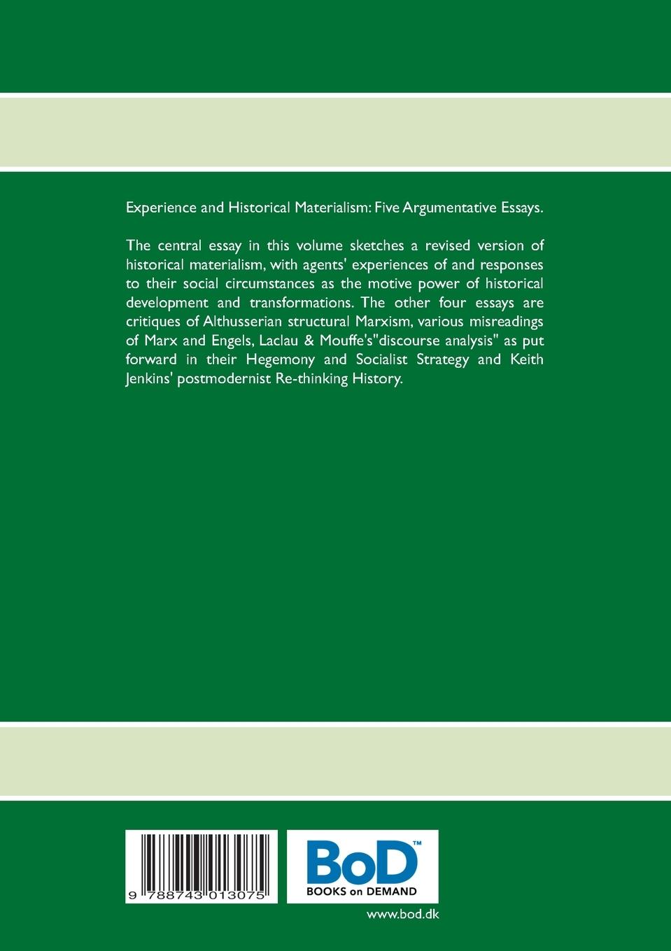Rückseite: 9788743013075 | Experience and Historical Materialism | Five Argumentative Essays